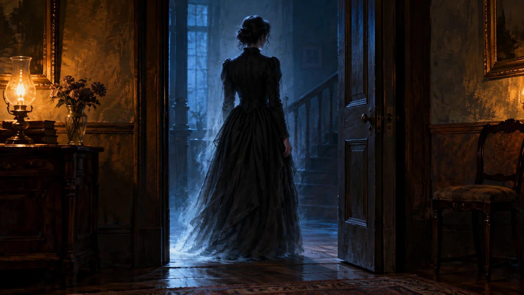 A black-dressed woman stands in a doorway with painterly dissolving edges around the garment. (illustrative reconstruction)