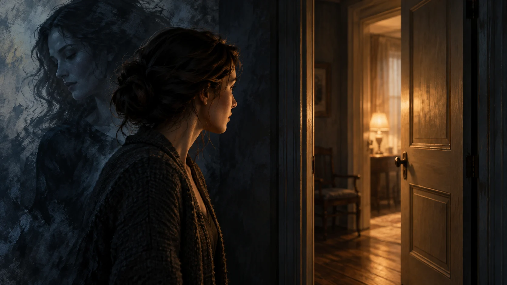 An observer faces a lit doorway while a translucent portrait overlaps the indigo wall behind her. (illustrative reconstruction)