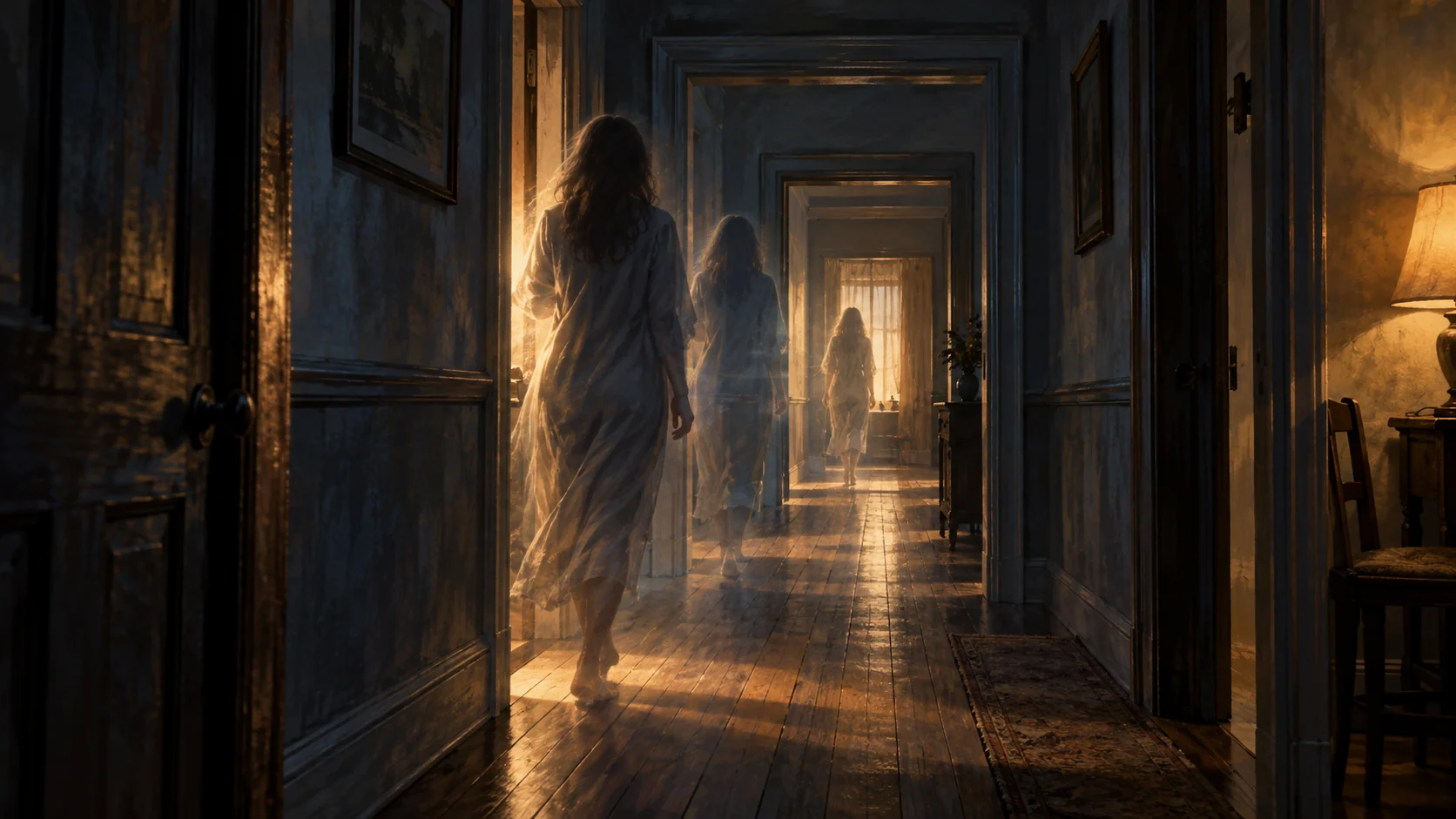 Three successive painterly echoes of a walking figure follow the same corridor. (illustrative reconstruction)