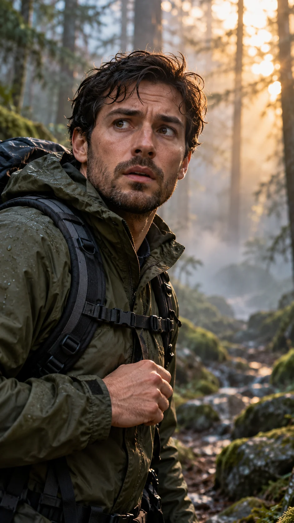 Close portrait of the same fictional adult hiker in olive jacket, face alert and apprehensive, eyes focused toward an unseen bend, hand held briefly near chest, forest blurred behind, cool mist and amber sunlight. (illustrative reconstruction)