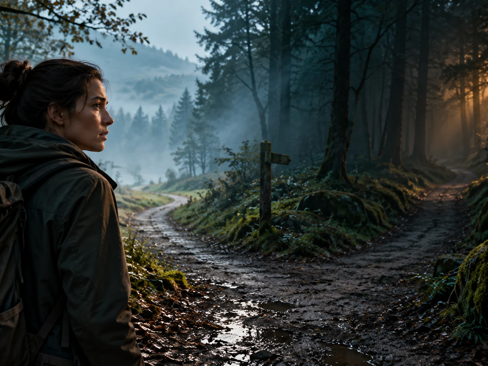 An anonymous person pauses at a fork in a misty forest path. (illustrative reconstruction)