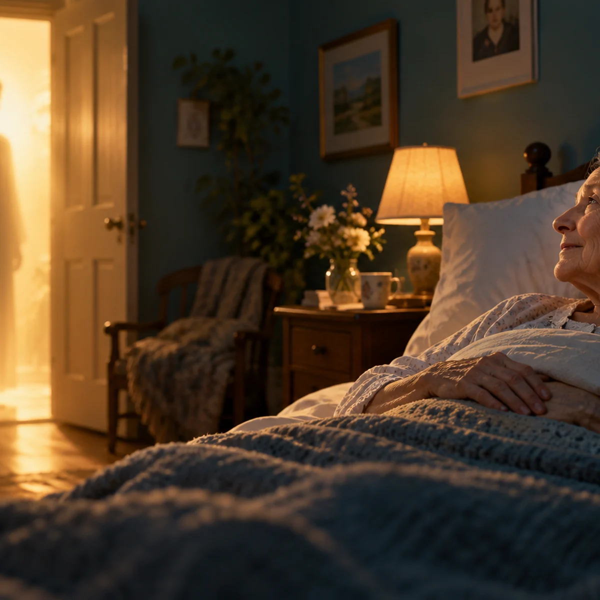 A peaceful elderly woman in bed looks toward a softly luminous figure in a warm doorway. (illustrative reconstruction)