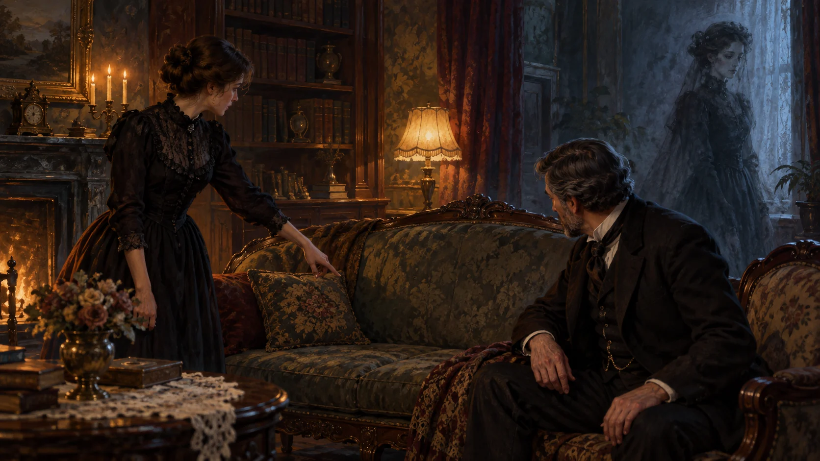 An observer points beside a sofa while a seated man looks toward the indicated area; a painterly figure appears behind him. (illustrative reconstruction)