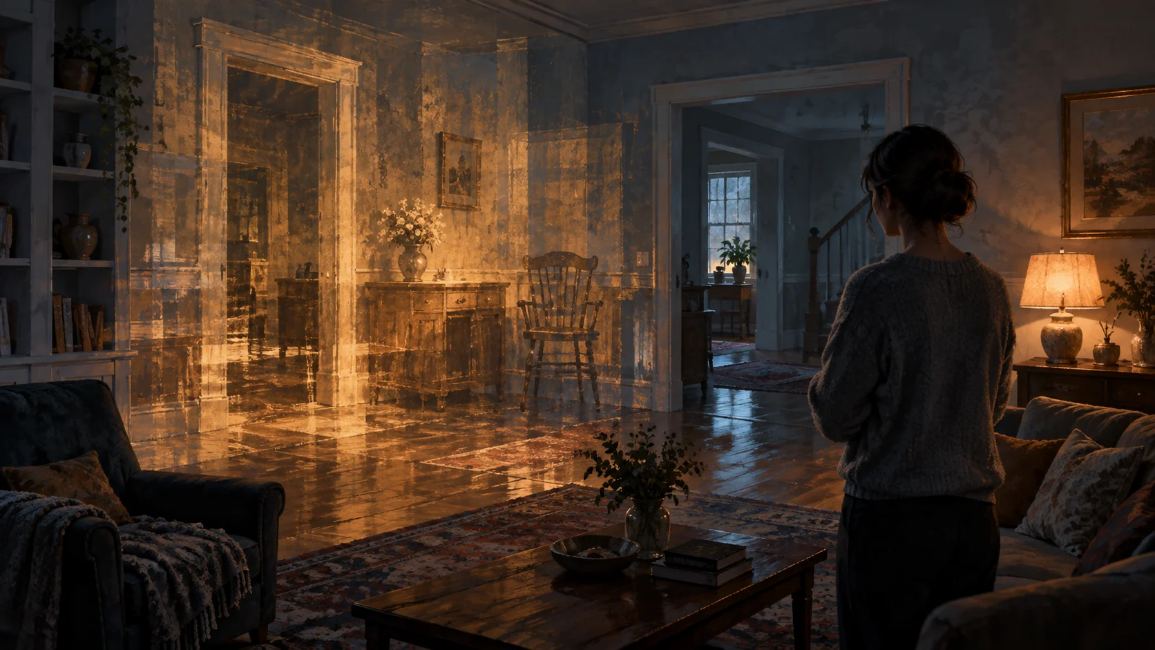 An observer faces a room overlaid with an earlier-looking doorway and furniture arrangement. (illustrative reconstruction)
