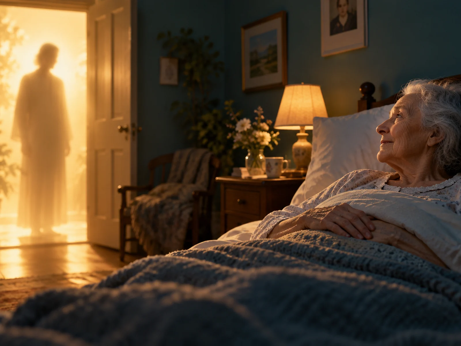 A peaceful elderly woman in bed looks toward a softly luminous figure in a warm doorway. (illustrative reconstruction)