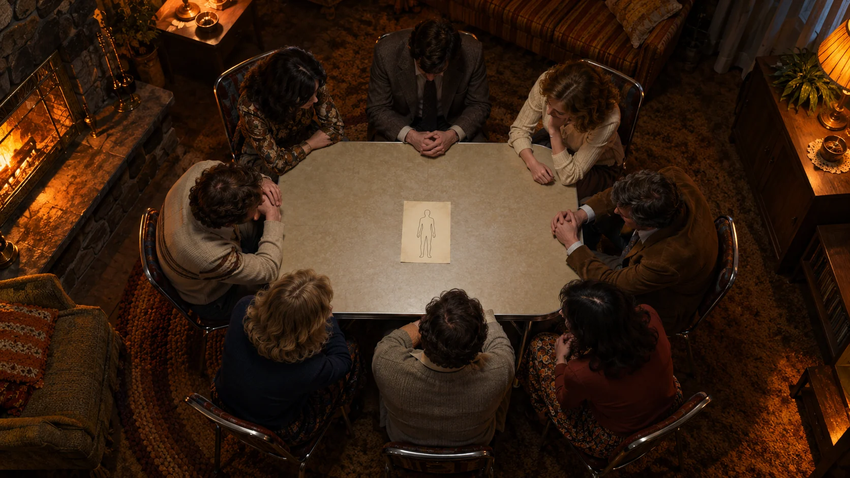 Eight anonymous sitters surround a card table with an unlettered human-outline drawing at its centre. (illustrative reconstruction)