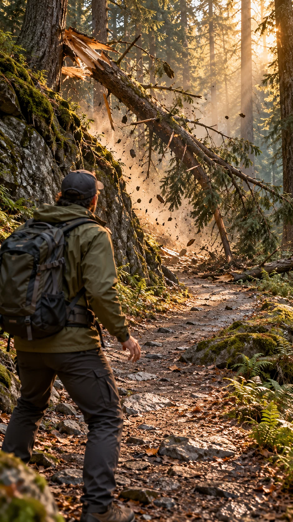 Wide view from behind the same adult hiker in olive jacket safely stopped in foreground, large broken branch falling onto the empty path beyond the blind bend, no injury, believable gravity and natural debris, suspenseful cool forest with amber light. (illustrative reconstruction)
