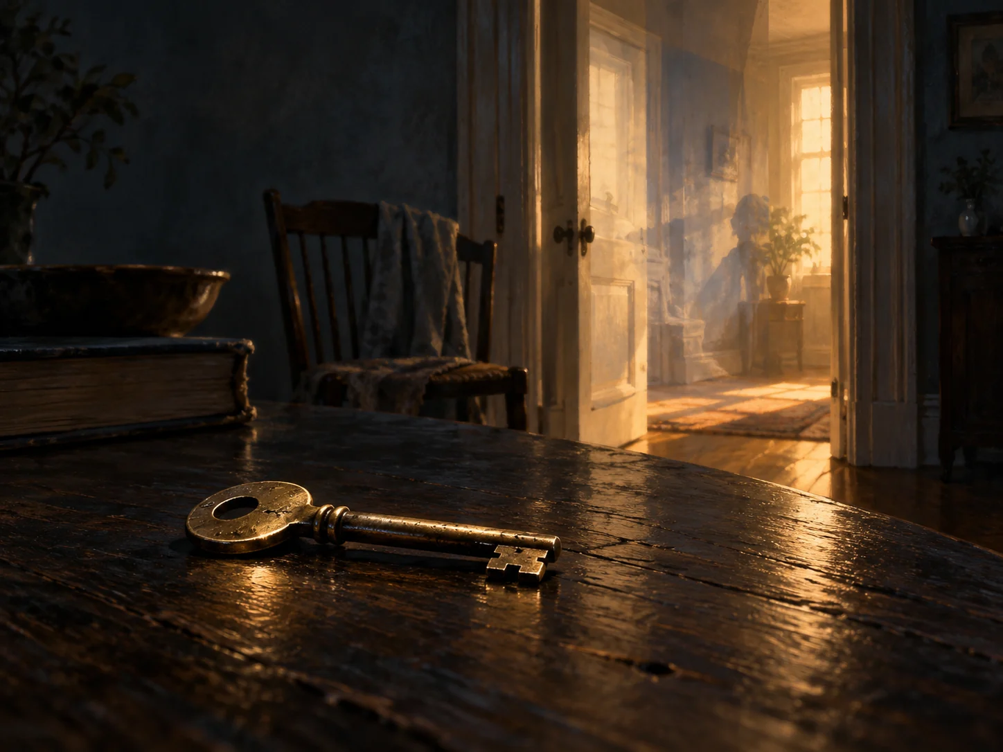 Illustrated brass key on a table with a softly lit domestic doorway beyond it. (illustrative reconstruction)