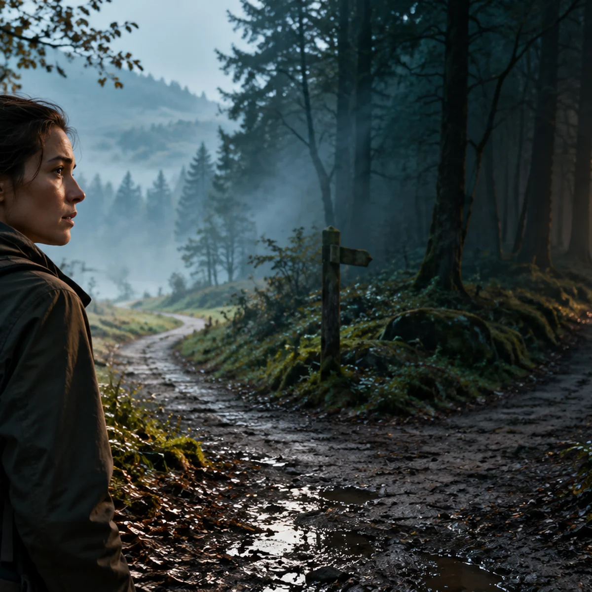 An anonymous person pauses at a fork in a misty forest path. (illustrative reconstruction)