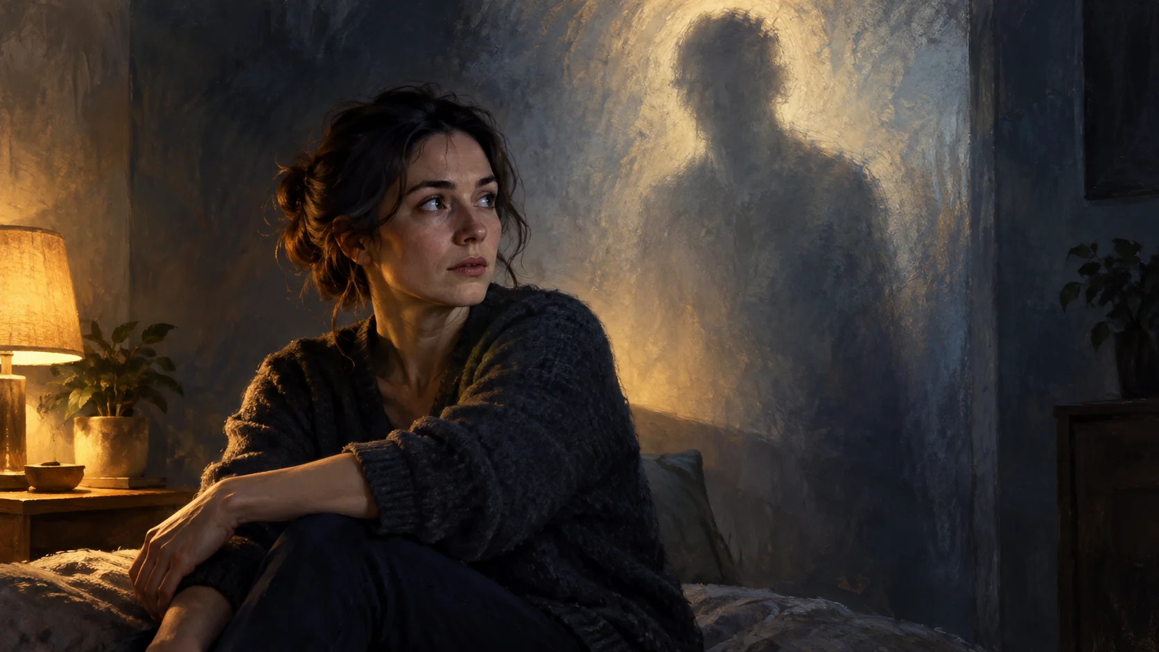 A seated observer turns toward a softly suggested human silhouette on the wall. (illustrative reconstruction)