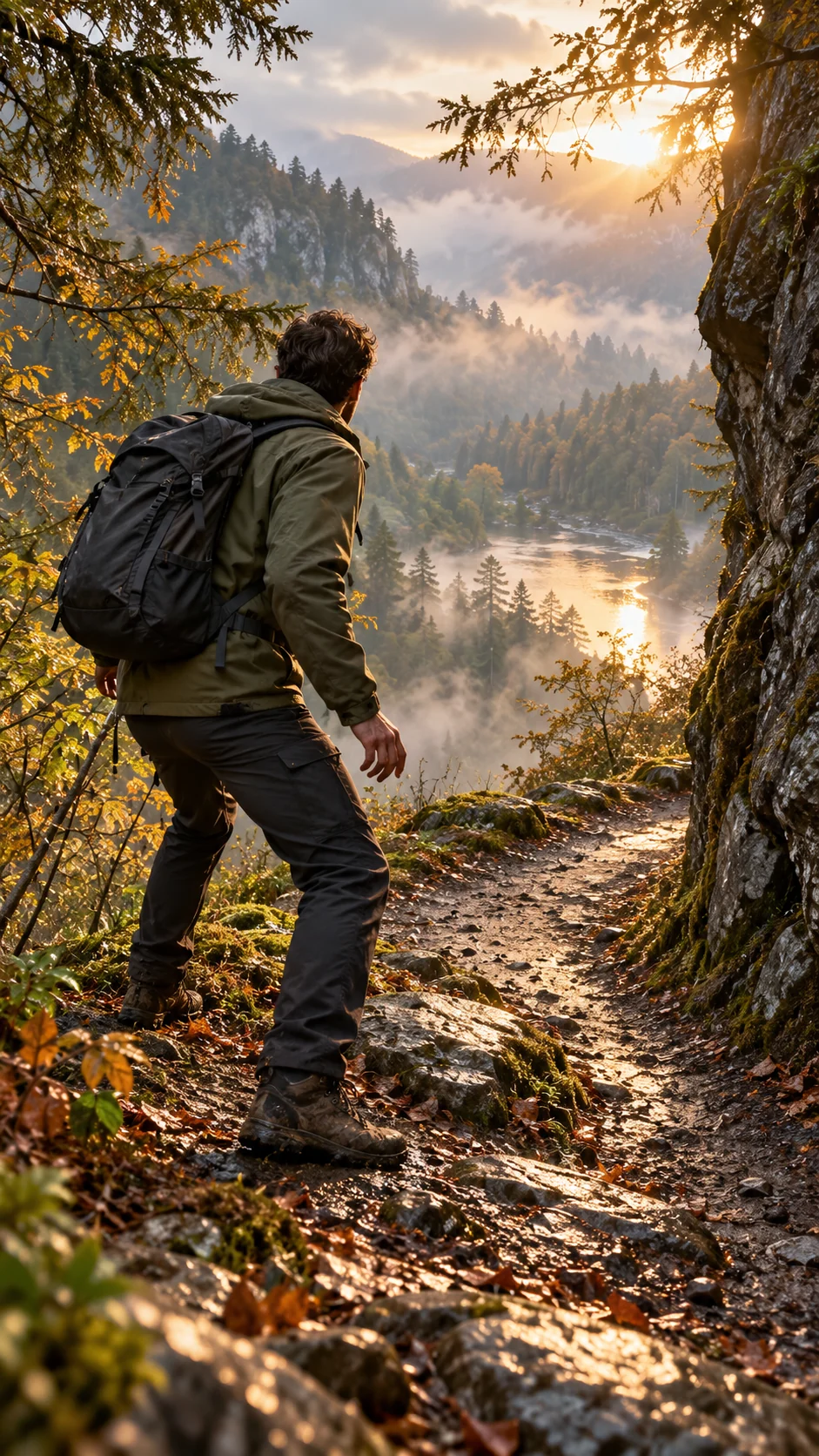 A fictional adult hiker in an olive jacket and dark trousers suddenly stopping at a blind bend on a steep woodland path, back three-quarter view, tense posture, grounded real environment. Wide vertical composition, cool mist and amber late sunlight. (illustrative reconstruction)
