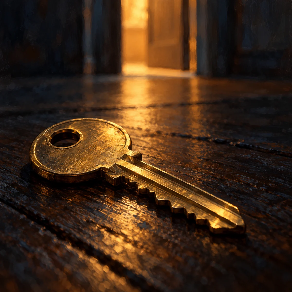 Square illustrated old house key against warm light from a doorway. (illustrative reconstruction)
