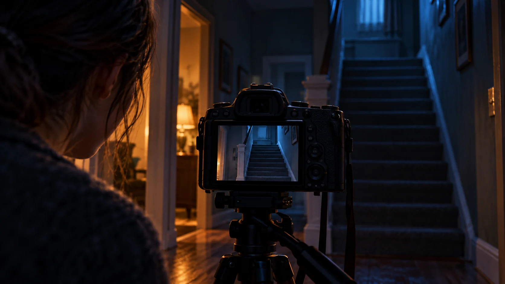 A digital camera on a tripod shows an empty staircase on its rear screen. (illustrative reconstruction)